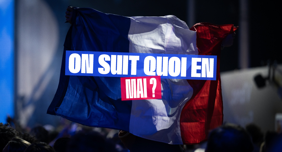 Photo de supporters français en tribune avec le message “on suit quoi en mai ?“