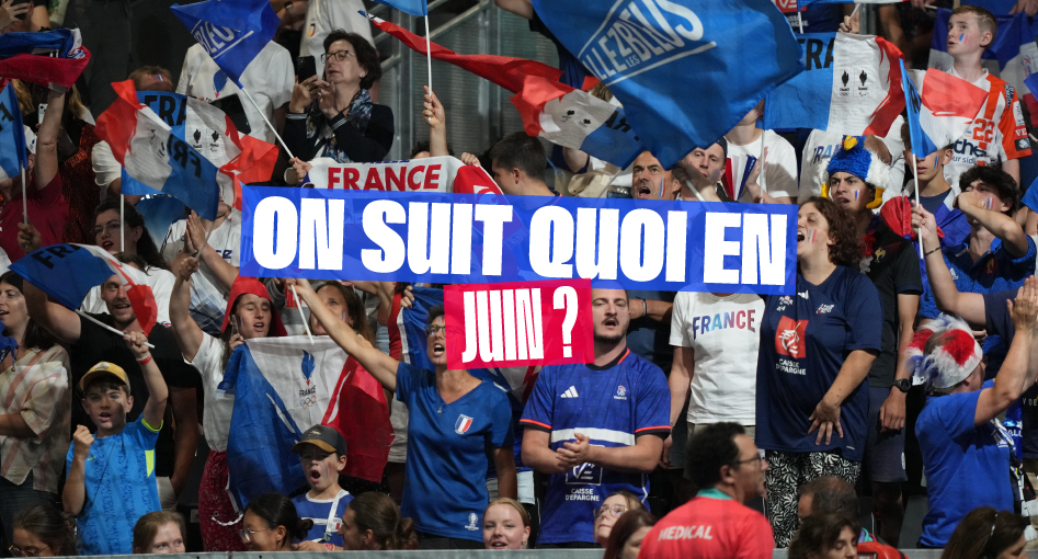 Photo de supporters français en tribune avec le message “on suit quoi en juin ?“